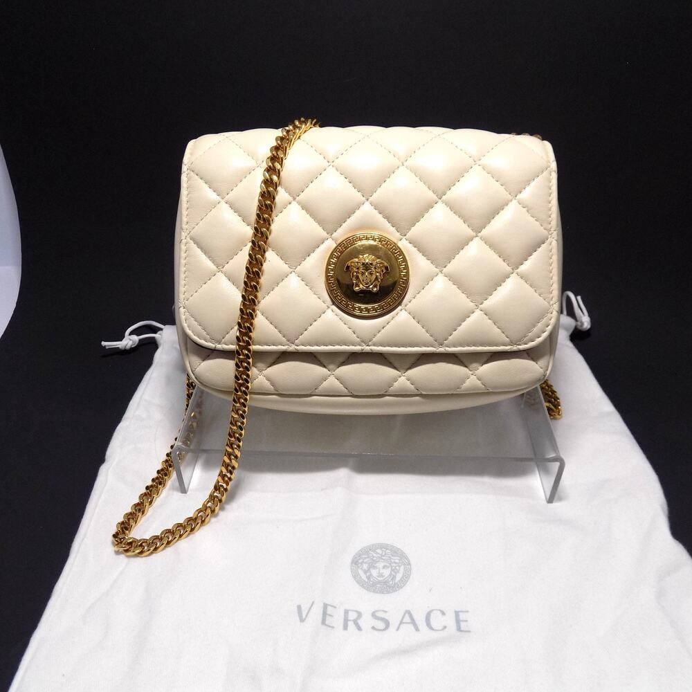 Versace La Medusa Plaque Quilted Leather Crossbody Bag Authentic-Cream - Picture 2 of 7